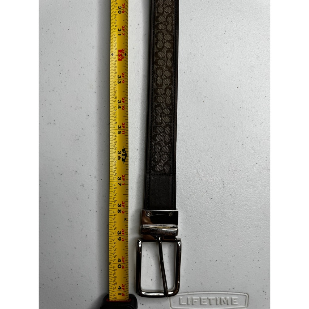 Coach Signature Monogram Canvas Leather Belt Brown Tan Silver Buckle 32-36 Inch - Picture 2 of 13